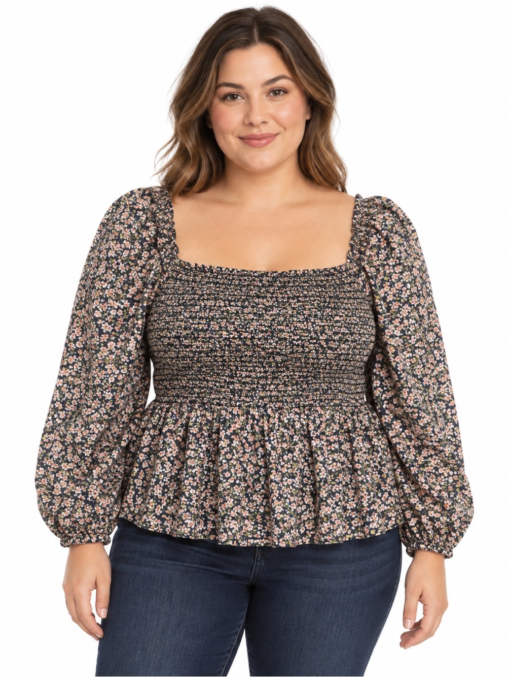 Old Navy L Floral Smocked Peplum Blouse Puff Sleeve Cottagecore Boho